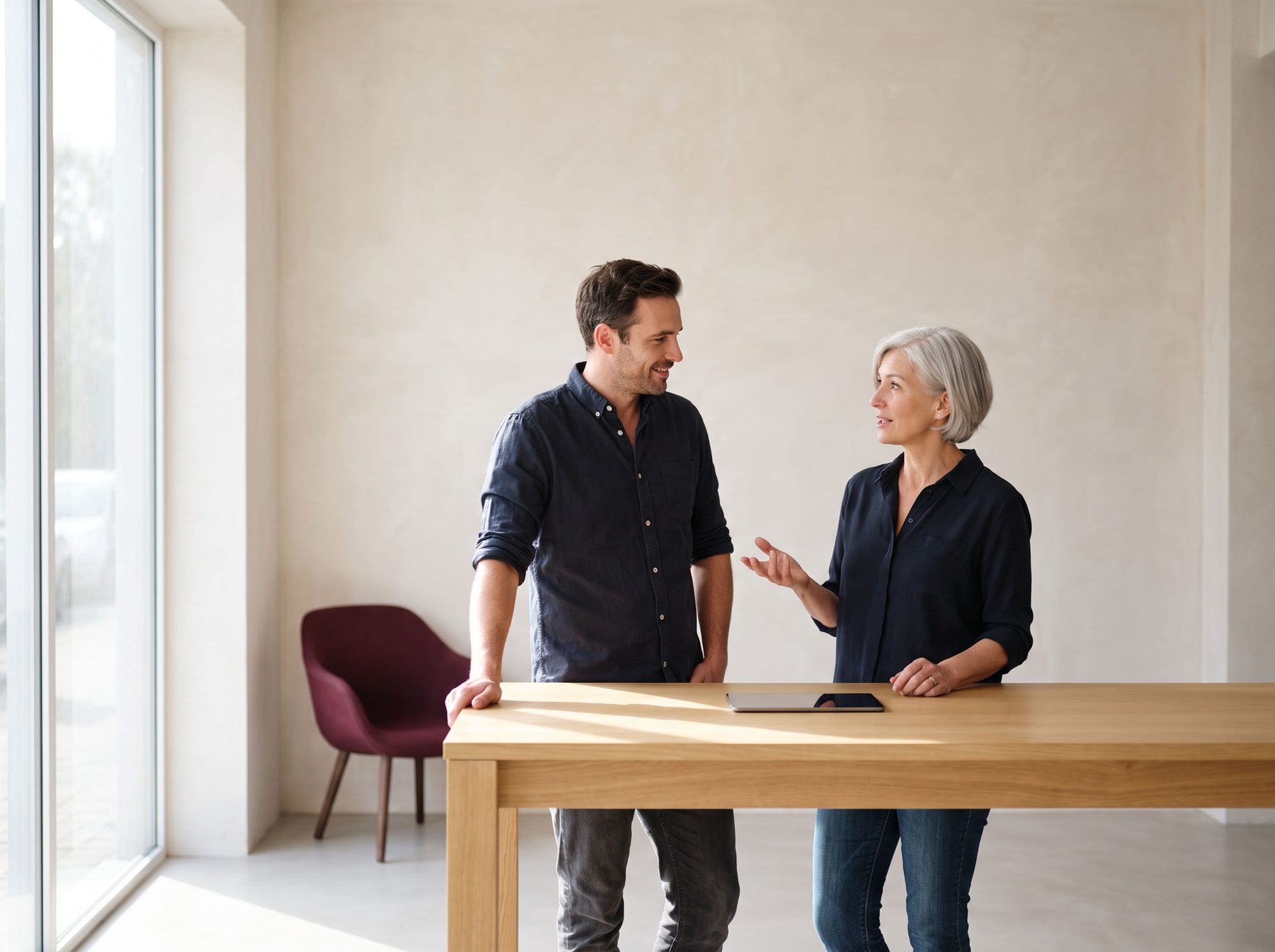 Two financial professionals talking through a plan at a worktable in a bright modern office.