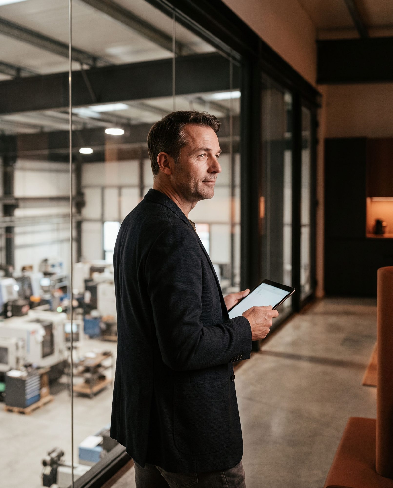 A manufacturing business owner reviewing a tablet in an office overlooking his workshop.