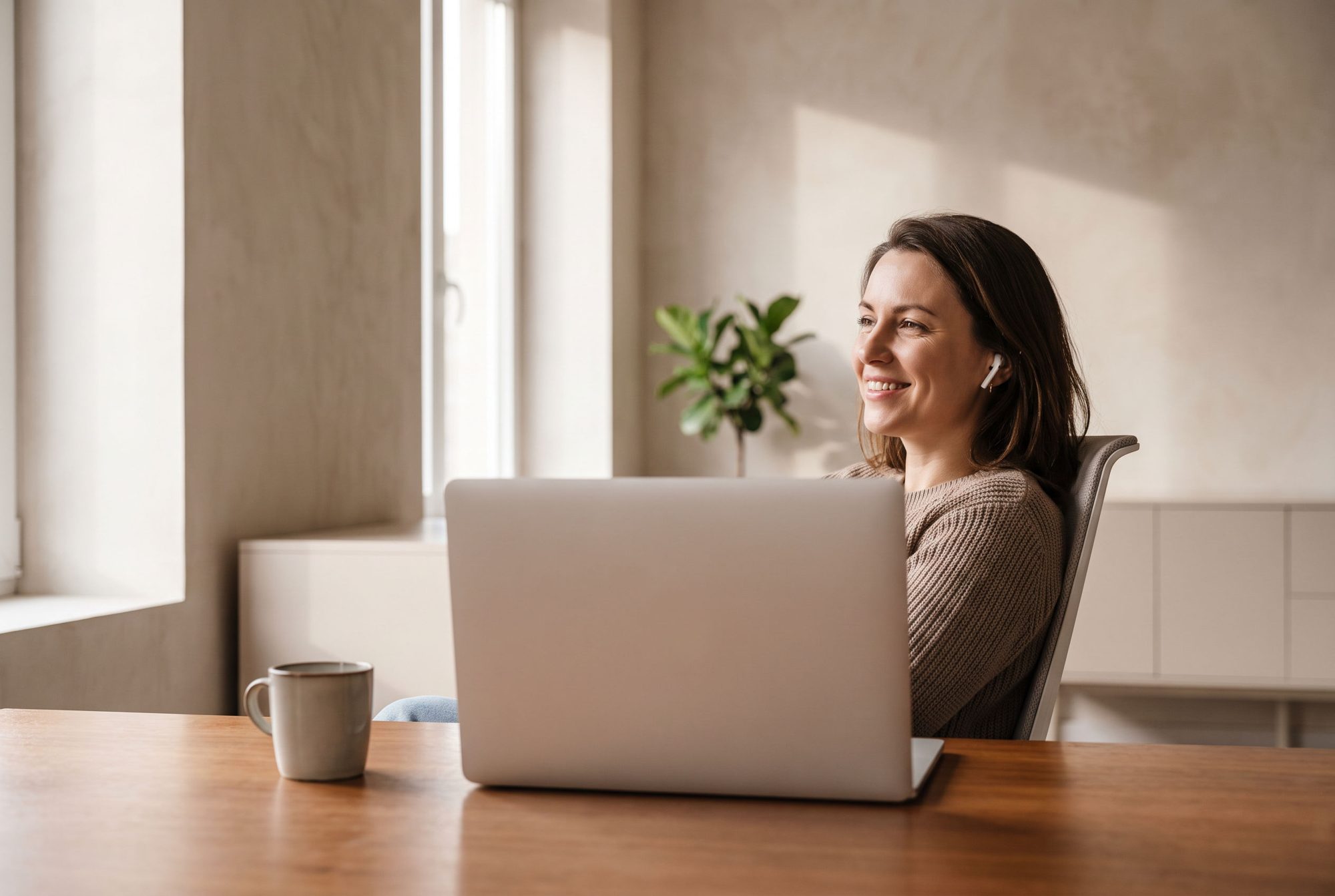 A financial planner smiling during a video call behind her laptop in a bright modern office.